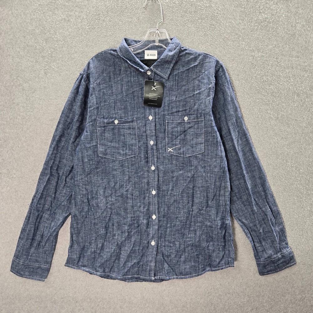 SpaceX Women Top Large Blue Button Up Chambray Logo Pockets Collar NWT